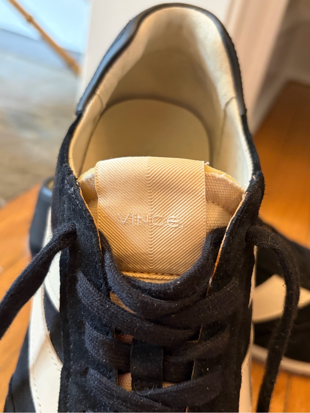 Vince Black Suede Sneakers with Cream Stripes and Tan Toe Accents (Never Worn) - Picture 4 of 4